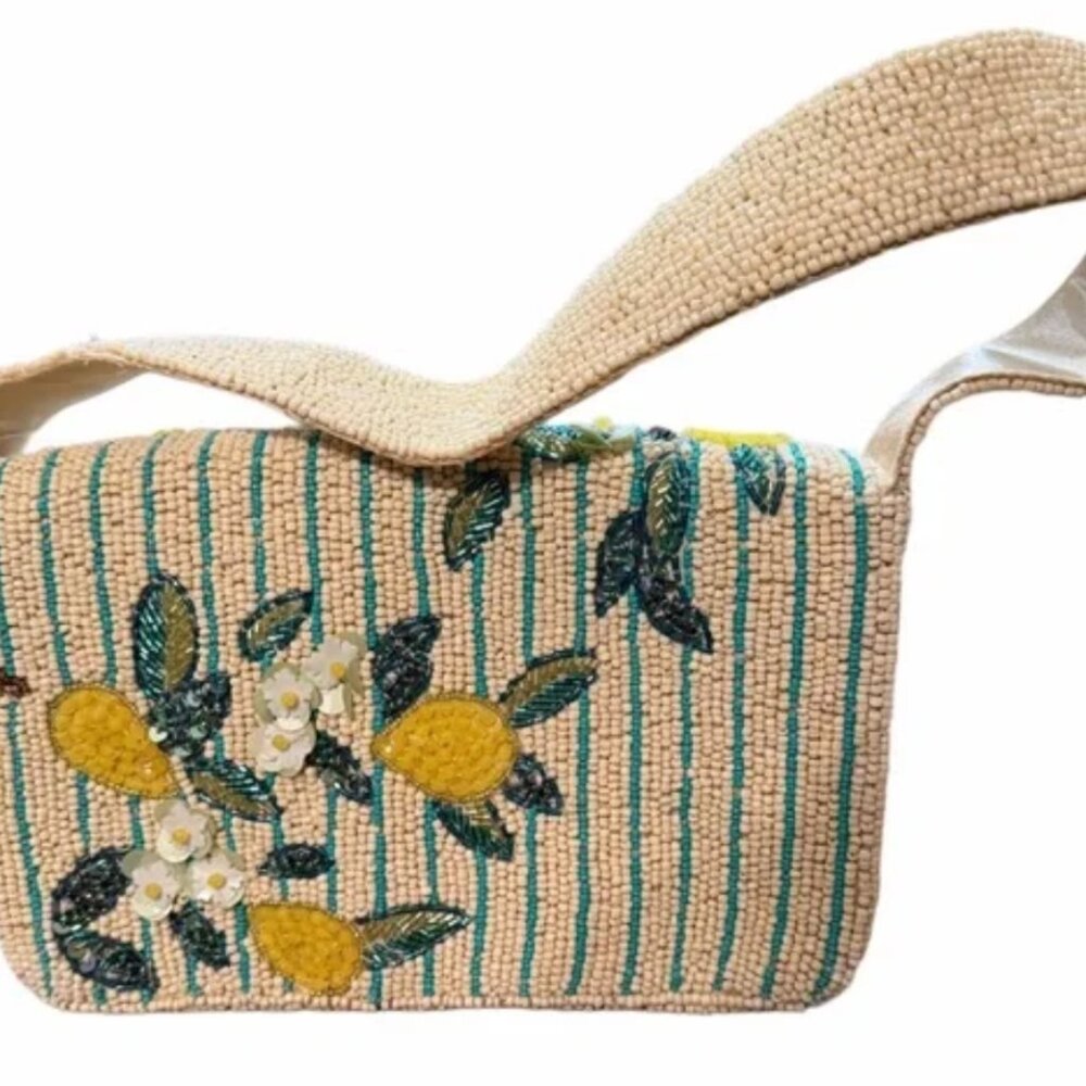 Handcrafted in India Tik Tok Viral Beaded Lemon Striped Shoulder Bag NWT - Picture 7 of 8